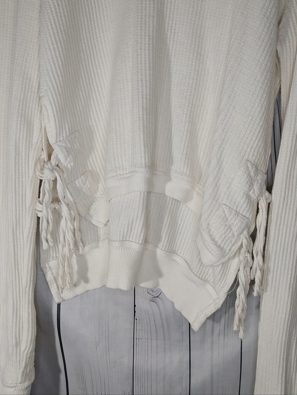Free People One Cream Cropped Interlaken Cozy Thermal Textured Knit Pullover - Picture 4 of 10